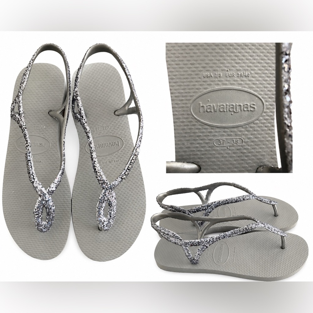 Havaianas Silver Glitter Gray Thong Sandals 7/8